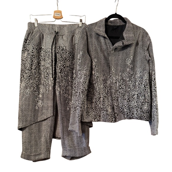Unknown Pants - Lagenlook Black White Geometric Print Jacket and Layered Culotte Pant Set UNIQUE